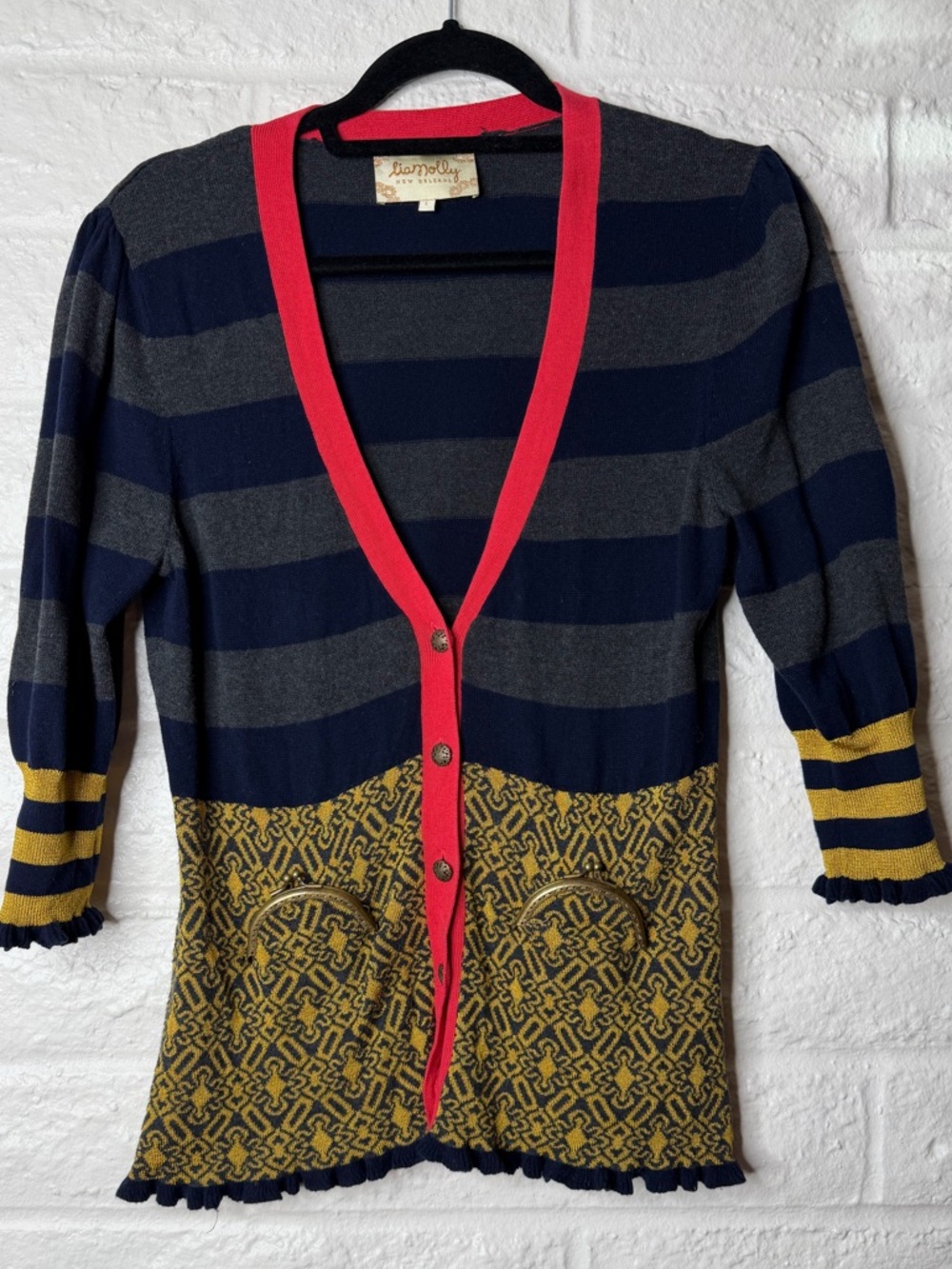Lia Molly Mixed Pattern Striped Kiss Lock Pockets Anthropologie Cardigan Large